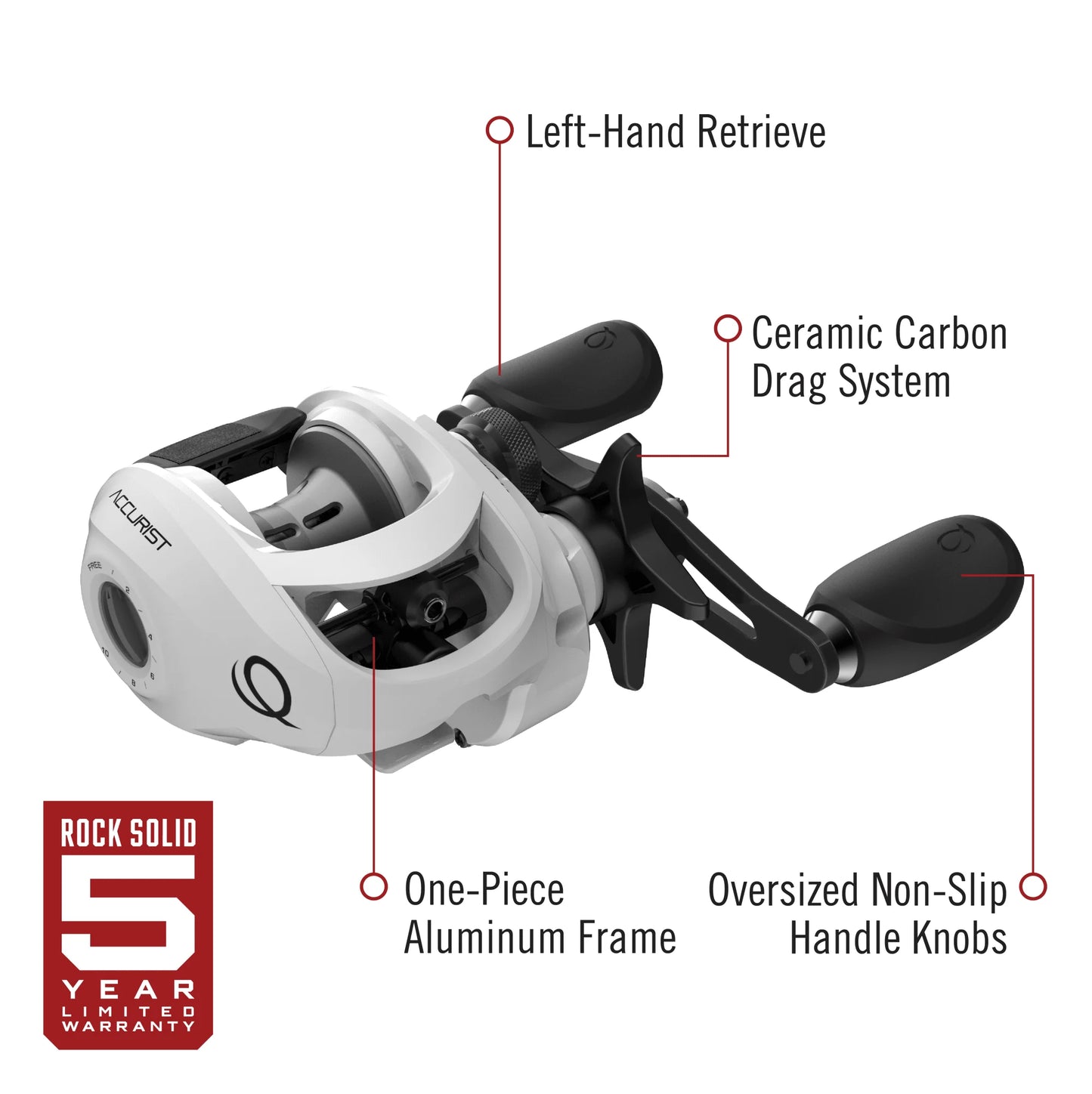 Accurist Baitcast Fishing Reel, Size 100 Reel, Left-Hand Retrieve, White