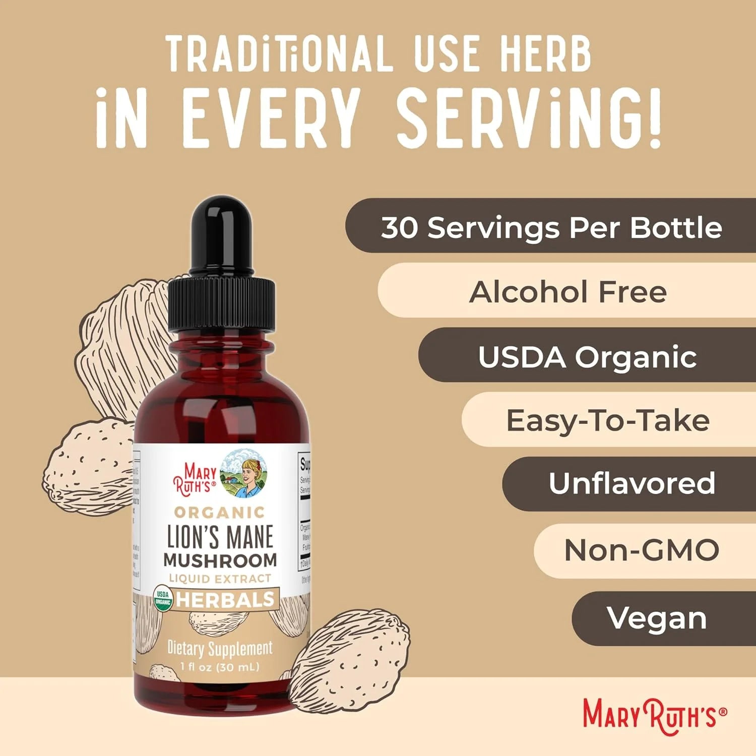 USDA Organic Lion’S Mane Mushroom Liquid Drops Nootropic Herbal Supplement Vegan, Non-Gmo 1 Fl Oz / 30 Ml