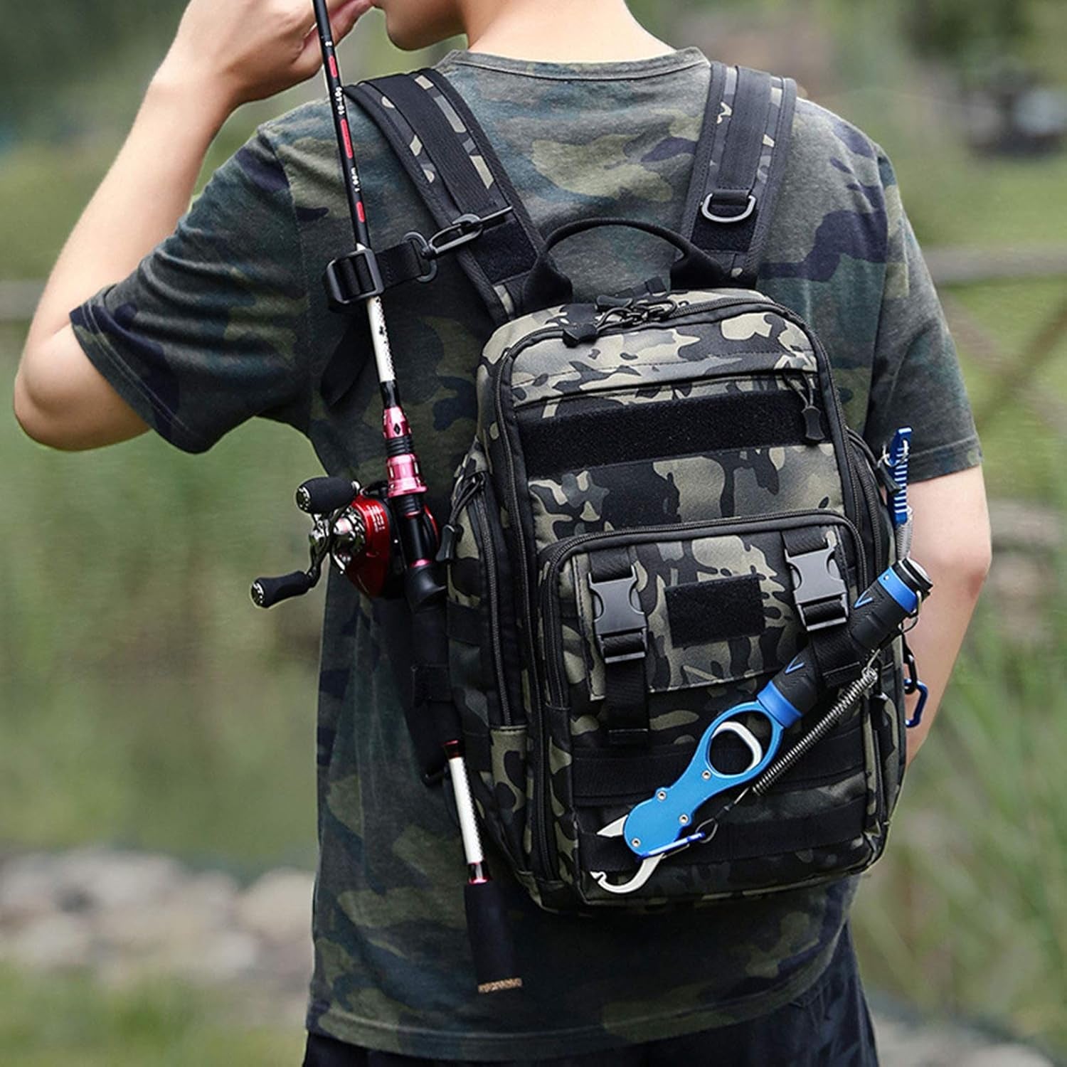 Fishing Tackle Backpack Storage Bag Outdoor Shoulder Backpack Waterproof Cross Body Sling Bag Fishing Gear Bag with Rod Holder (Green Camo + Tackle Box)