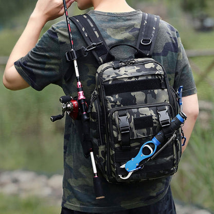 Fishing Tackle Backpack Storage Bag Outdoor Shoulder Backpack Waterproof Cross Body Sling Bag Fishing Gear Bag with Rod Holder (Green Camo + Tackle Box)