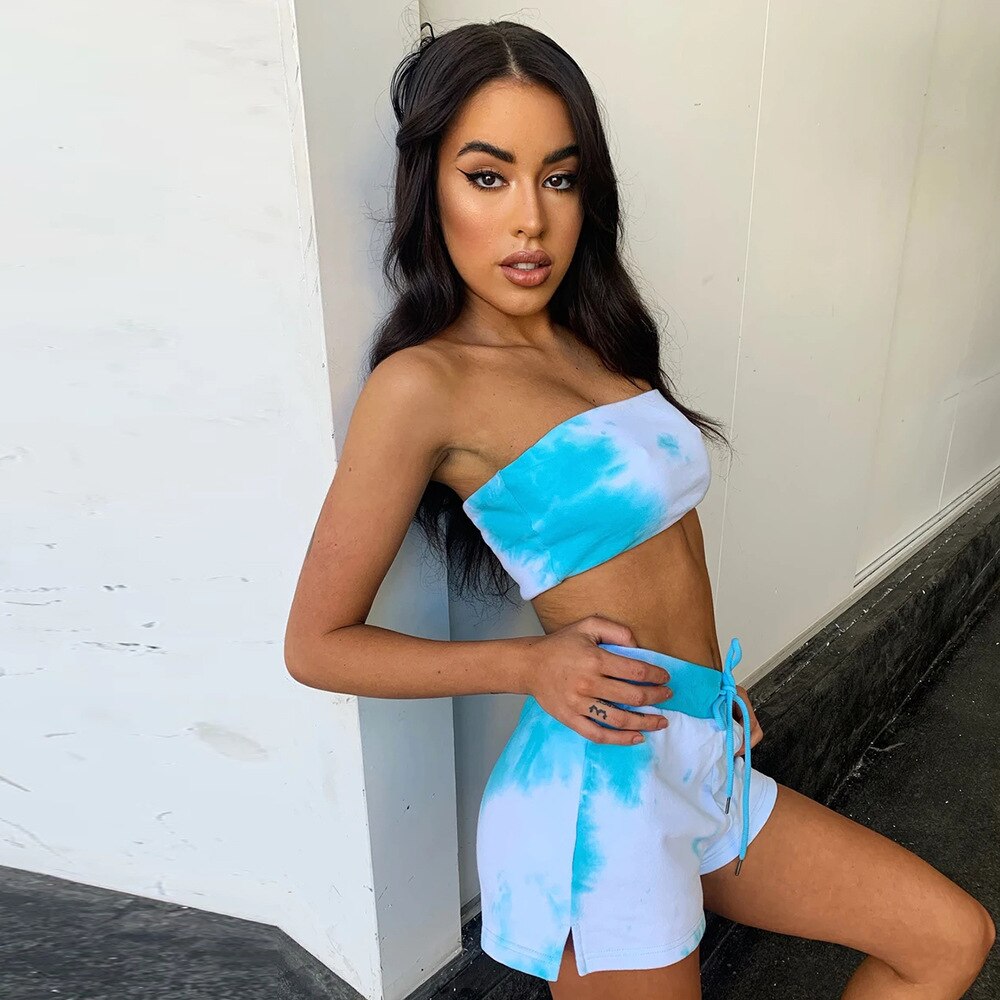 Sexy Tie Dye Fitness Tracksuit Set For Women Casual Gym Sportswear Push Up Running Work Out Outfits Tube Crop Top Shorts Suit