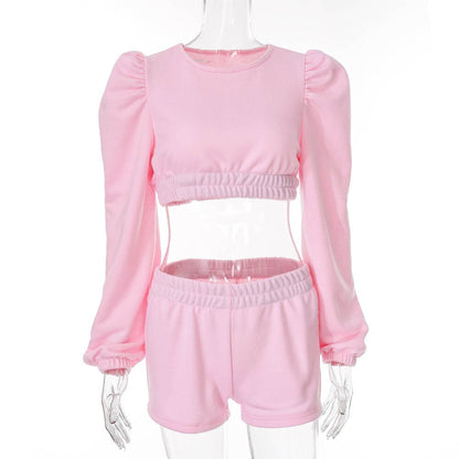 Autumn Solid Tracksuit Set For Women Long Puff Sleeve Crop Top Shorts Suit Casual Gym Running Sports Work Out Outfits Home Suit