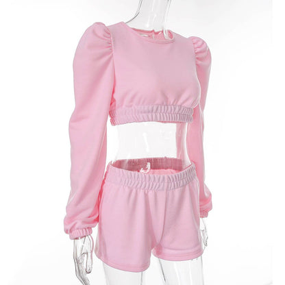 Autumn Solid Tracksuit Set For Women Long Puff Sleeve Crop Top Shorts Suit Casual Gym Running Sports Work Out Outfits Home Suit