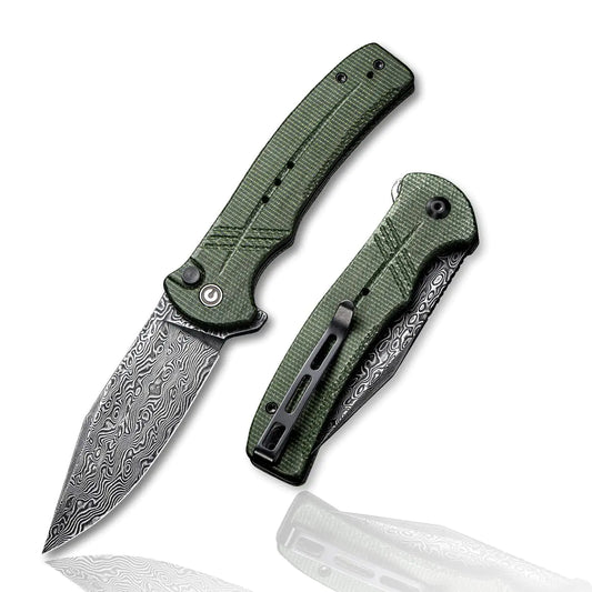 CIVIVI Cogent Button Lock Flipper Pocket Knife Damascus Blade Green Micarta Handle Good for Outdoor EDC Camping C20038D-DS1